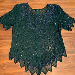 Top, glamourous evening, fully beaded, black on forest green Sz small, EUC